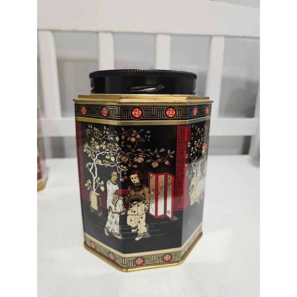 Vtg 1960s Chinoiserie Octagonal Tea Tin Set, Oriental Style Made in England